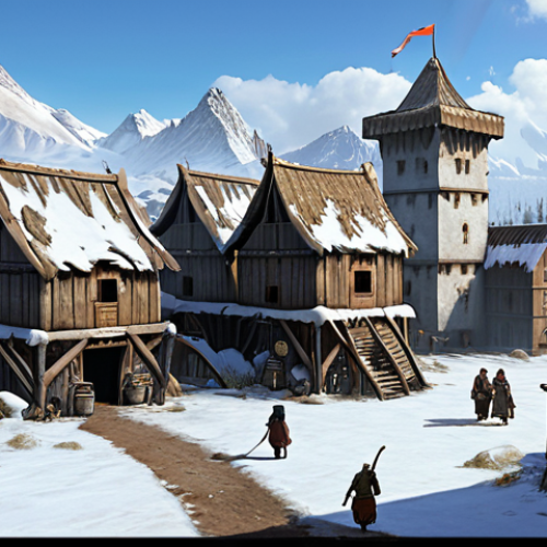 Home 11 A thriving settlement in a frozen wasteland. The settlement is well-defended, with fortified walls and watchtowers. Villagers are actively engaged in resource gathering and food production, showcasing the benefits of a well-balanced team and resource management. Anna, Mark, and Sophia are present, each contributing with their special skills. The overall atmosphere should convey hope and resilience in the face of adversity.
