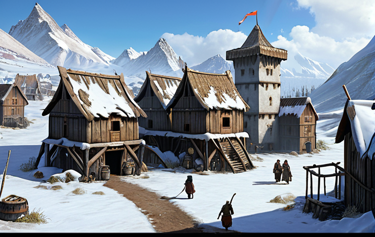 A thriving settlement in a frozen wasteland. The settlement is well-defended, with fortified walls and watchtowers. Villagers are actively engaged in resource gathering and food production, showcasing the benefits of a well-balanced team and resource management. Anna, Mark, and Sophia are present, each contributing with their special skills. The overall atmosphere should convey hope and resilience in the face of adversity.