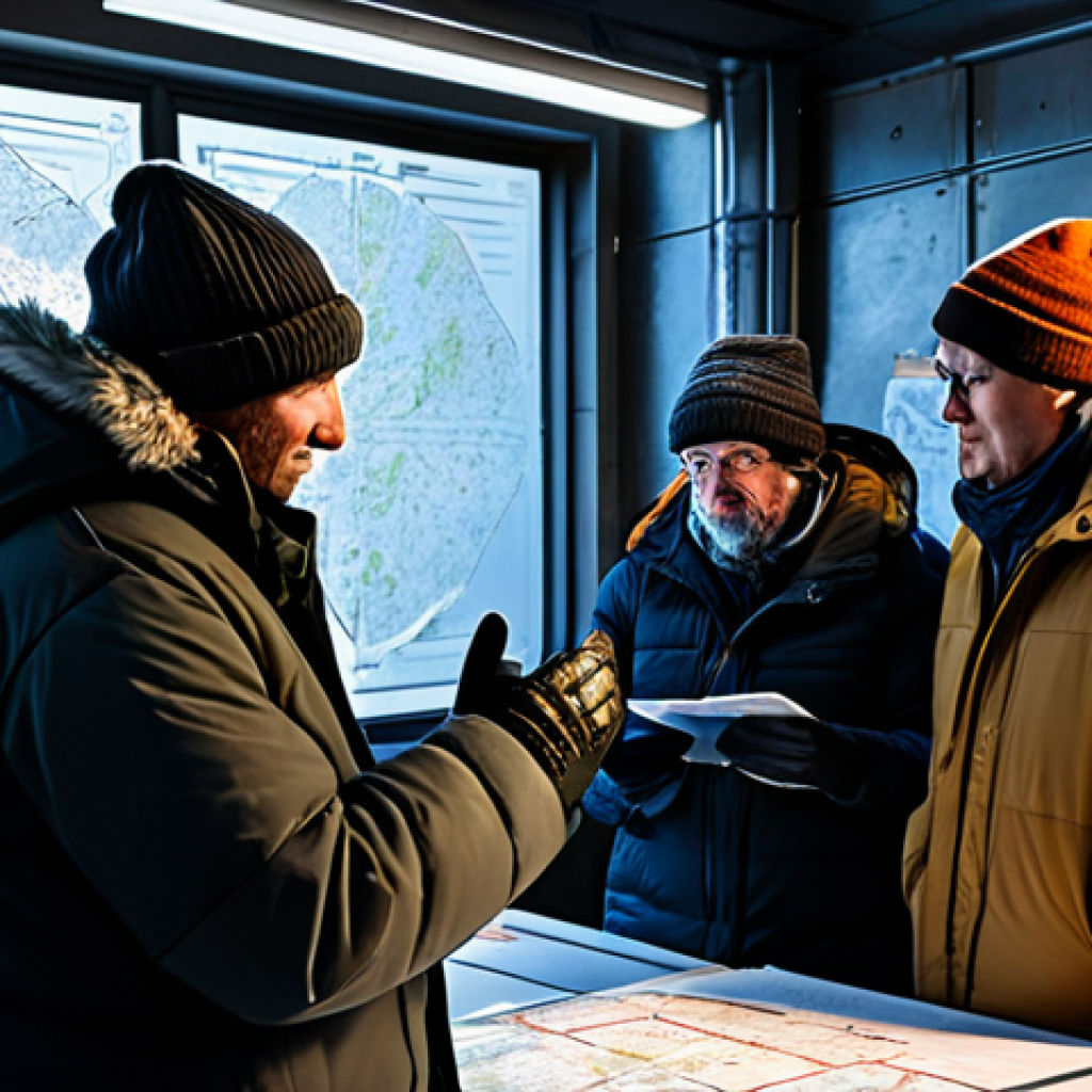 A diverse group of community members, fully clothed in thick, practical winter coats, hats, gloves, and layered survival gear, gathered inside a warmly lit, functional shelter. They are looking at a holographic map or planning board, demonstrating collaboration and strategic thinking. The interior shows robust, well-maintained structures like a central furnace and sturdy walls, providing a sense of warmth and protection against the harsh snowstorm visible through a reinforced window. The atmosphere is one of resilience and shared purpose. Perfect anatomy, correct proportions, natural pose, well-formed hands, proper finger count, natural body proportions. Safe for work, appropriate content, fully clothed, professional, modest, family-friendly.
