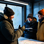 A diverse group of community members, fully clothed in thick, practical winter coats, hats, gloves, and layered survival gear, gathered inside a warmly lit, functional shelter. They are looking at a holographic map or planning board, demonstrating collaboration and strategic thinking. The interior shows robust, well-maintained structures like a central furnace and sturdy walls, providing a sense of warmth and protection against the harsh snowstorm visible through a reinforced window. The atmosphere is one of resilience and shared purpose. Perfect anatomy, correct proportions, natural pose, well-formed hands, proper finger count, natural body proportions. Safe for work, appropriate content, fully clothed, professional, modest, family-friendly.