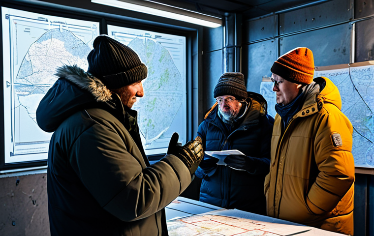 A diverse group of community members, fully clothed in thick, practical winter coats, hats, gloves, and layered survival gear, gathered inside a warmly lit, functional shelter. They are looking at a holographic map or planning board, demonstrating collaboration and strategic thinking. The interior shows robust, well-maintained structures like a central furnace and sturdy walls, providing a sense of warmth and protection against the harsh snowstorm visible through a reinforced window. The atmosphere is one of resilience and shared purpose. Perfect anatomy, correct proportions, natural pose, well-formed hands, proper finger count, natural body proportions. Safe for work, appropriate content, fully clothed, professional, modest, family-friendly.