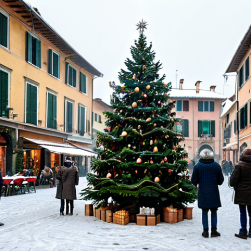 **

"A bustling Italian town square scene in winter, softly snowing. People are warmly dressed in coats and hats, enjoying hot drinks at outdoor cafes. Christmas decorations adorn the buildings and a large Christmas tree stands in the center of the square. Safe for work, appropriate content, fully clothed, professional, family-friendly, perfect anatomy, correct proportions, natural pose, well-formed hands, proper finger count, natural body proportions, high quality, detailed textures."

**