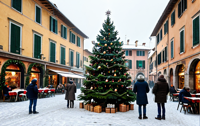 **

"A bustling Italian town square scene in winter, softly snowing. People are warmly dressed in coats and hats, enjoying hot drinks at outdoor cafes. Christmas decorations adorn the buildings and a large Christmas tree stands in the center of the square. Safe for work, appropriate content, fully clothed, professional, family-friendly, perfect anatomy, correct proportions, natural pose, well-formed hands, proper finger count, natural body proportions, high quality, detailed textures."

**