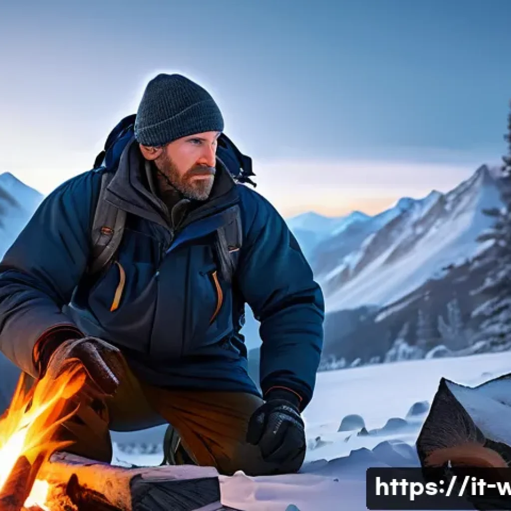 화이트 아웃 서바이벌 업데이트 예상 스포일러 - A rugged survivalist in a snowy mountain environment, wearing layered cold-weather gear with insulat...