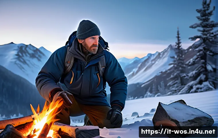 화이트 아웃 서바이벌 업데이트 예상 스포일러 - A rugged survivalist in a snowy mountain environment, wearing layered cold-weather gear with insulat...