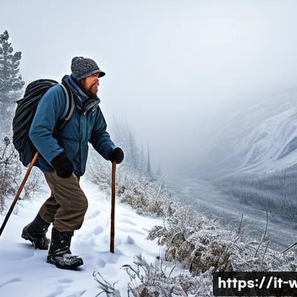 화이트 아웃 서바이벌 난이도 별 공략법 - A rugged survivalist wearing insulated winter clothing and sturdy boots, cautiously navigating a den...