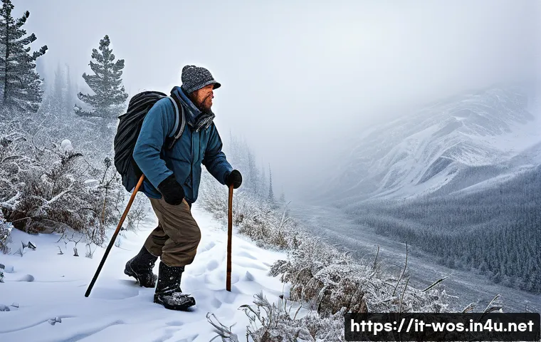 화이트 아웃 서바이벌 난이도 별 공략법 - A rugged survivalist wearing insulated winter clothing and sturdy boots, cautiously navigating a den...