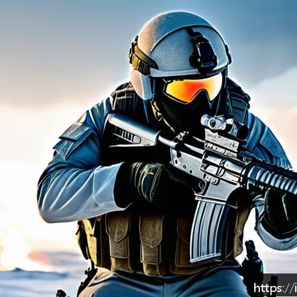 화이트 아웃 서바이벌 최고의 무기 순위 - A highly detailed tactical scene featuring a soldier equipped with a modern assault rifle outfitted ...