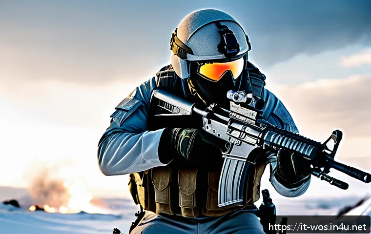 화이트 아웃 서바이벌 최고의 무기 순위 - A highly detailed tactical scene featuring a soldier equipped with a modern assault rifle outfitted ...