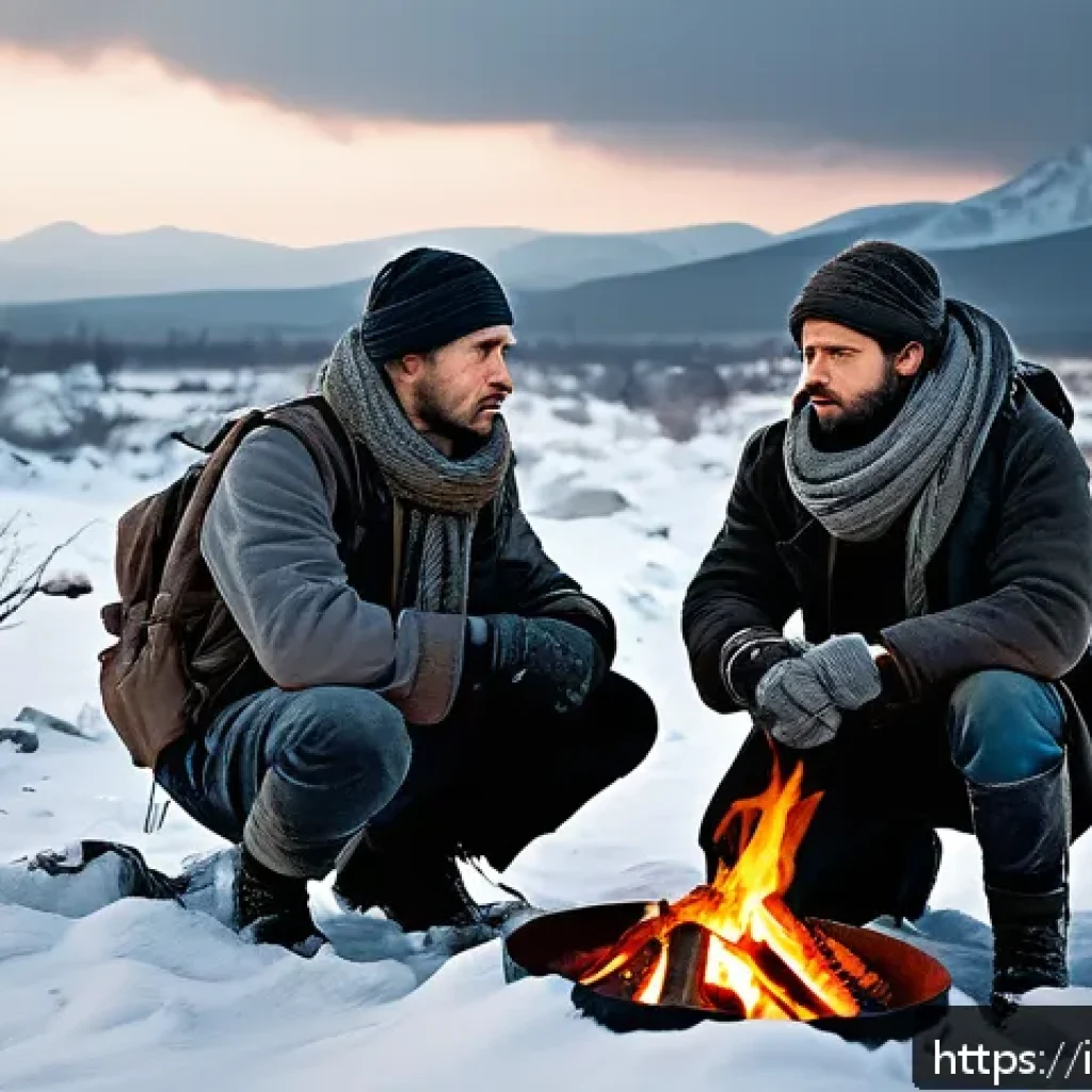 화이트 아웃 서바이벌 인기 팬픽 모음 - A dramatic post-apocalyptic scene set in a snowy, desolate landscape with a small group of diverse s...