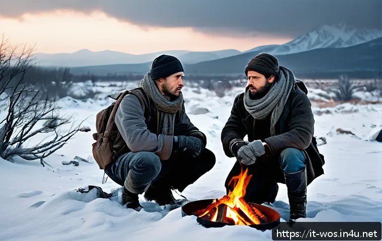 화이트 아웃 서바이벌 인기 팬픽 모음 - A dramatic post-apocalyptic scene set in a snowy, desolate landscape with a small group of diverse s...