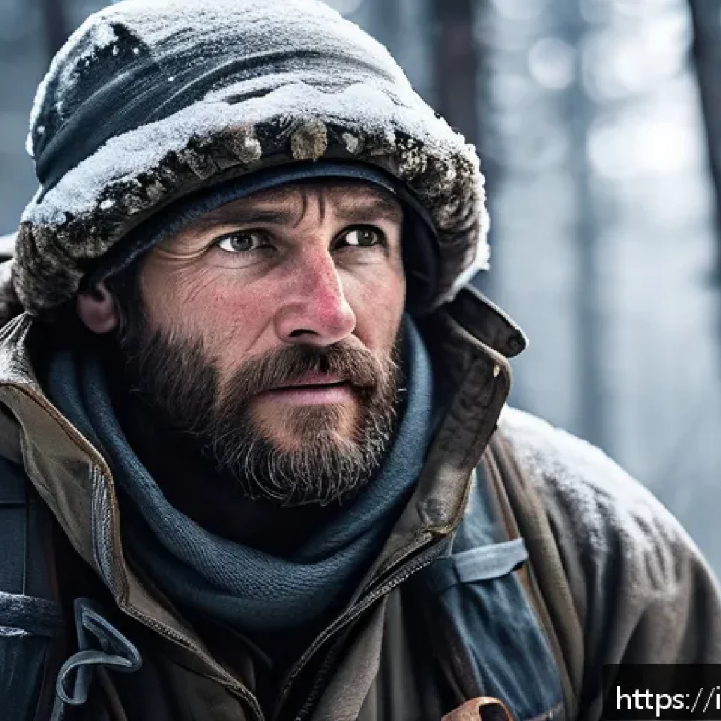 화이트 아웃 서바이벌 스킬 조합 추천 - A rugged survivalist in a snowy wilderness setting, wearing layered insulated clothing and tactical ...