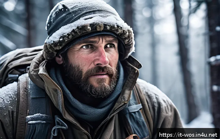 화이트 아웃 서바이벌 스킬 조합 추천 - A rugged survivalist in a snowy wilderness setting, wearing layered insulated clothing and tactical ...