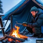 Home 22 화이트 아웃 서바이벌 공식 위키 활용법 - A rugged survivalist in layered winter clothing carefully preparing a campfire inside a snow-covered...