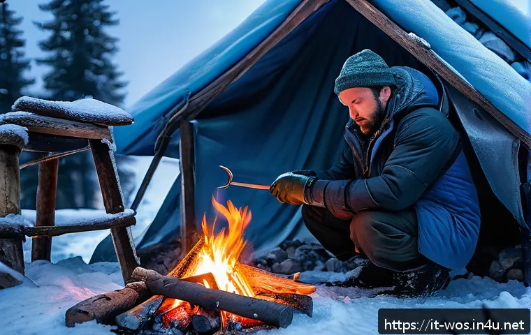 화이트 아웃 서바이벌 공식 위키 활용법 - A rugged survivalist in layered winter clothing carefully preparing a campfire inside a snow-covered...