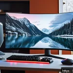 Home 21 화이트 아웃 서바이벌 PC와 모바일 비교 - A high-performance gaming setup in a cozy Italian living room, featuring a sleek gaming PC with adva...