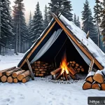 Home 20 화이트 아웃 서바이벌 시간 절약 팁 - A detailed survival game base camp scene set in a snowy wilderness during daytime, featuring a sturd...