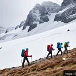 Home 18 화이트 아웃 서바이벌 탈출 조건 공략 - A group of hikers navigating through a dense white out in a snowy mountain landscape, wearing high-q...