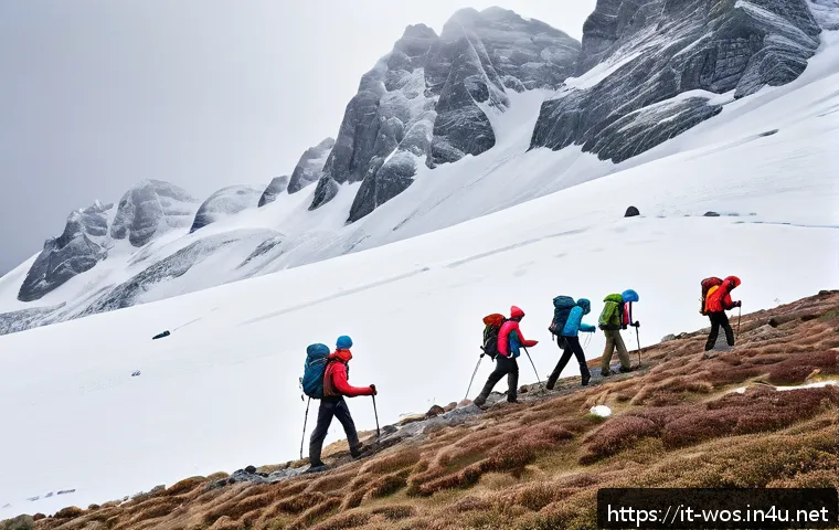 화이트 아웃 서바이벌 탈출 조건 공략 - A group of hikers navigating through a dense white out in a snowy mountain landscape, wearing high-q...
