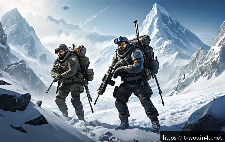 화이트 아웃 서바이벌 전설급 아이템 획득법 - A detailed scene of a well-balanced gaming squad in a dangerous, snowy mountain zone, featuring thre...